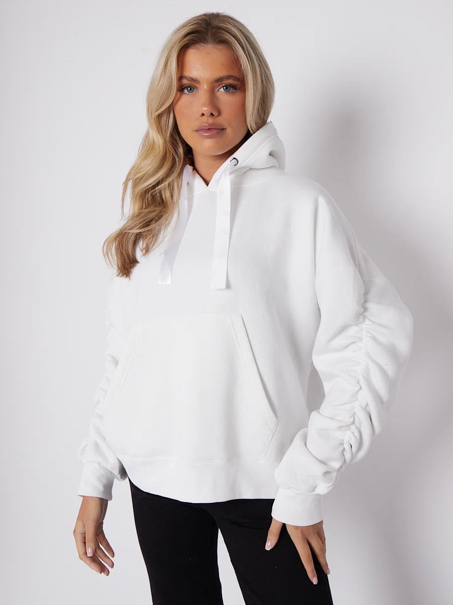 WOMENS RUCHED SLEEVES FLEECED HOODIE